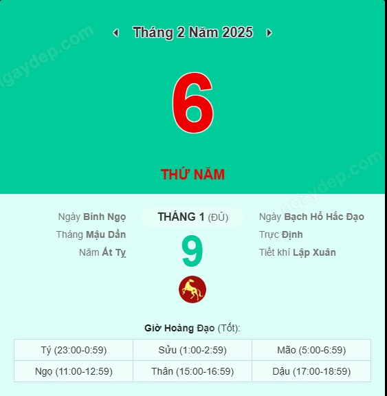 Ngày tốt: 6/2/2025 (Âm lịch 9/1/2025)